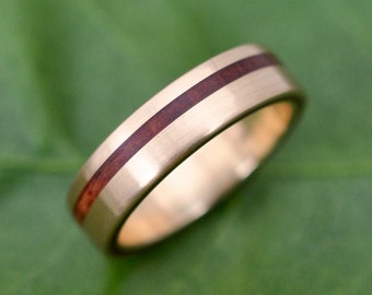 Size 7.5 READY TO SHIP Yellow Gold Equinox Guapinol Wood Ring - ecofriendly recycled yellow gold wood wedding band, gold wedding ring