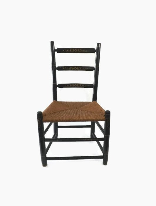 Vintage Child’s Ladder Back Chair with Rush Seat, Black Painted Wood