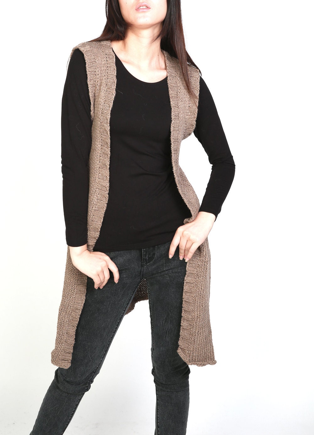 Hand knit long vest sweater Wool cardigan Camel woman by MaxMelody