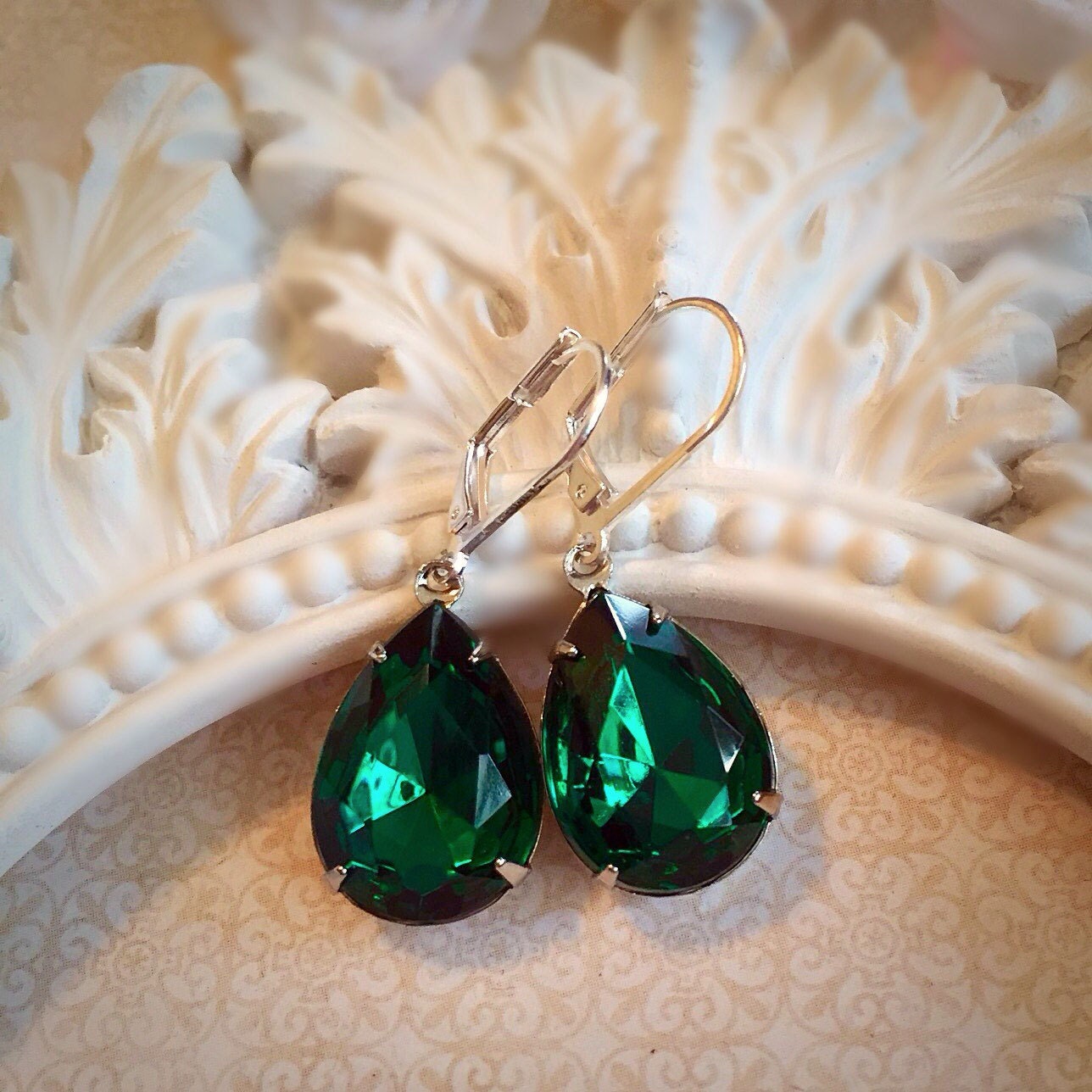Emerald Earrings - Holiday Party Jewelry - Art Deco Jewelry - Silver Emerald Jewelry - CAMBRIDGE Emerald