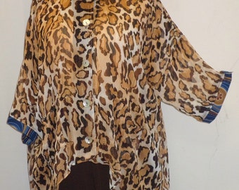 Coco and Juan, Plus Size Top, Lagenlook, Brown, Leopard Print, High Low, Plus Size Shirt Jacket, women’s Top, OS 1X 2X 3X Bust to 64 inches