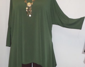Coco and Juan, Lagenlook, Plus Size Top, Olive, Traveler Knit Drape Side, Womens Tunic Top, One Size, Bust to 60 inches