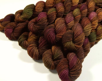 Sock Yarn Mini Skeins - Hand Dyed Yarn - Sock Weight 4 Ply Superwash Merino Wool Yarn - Clove Multi - Fingering Knitting Yarn, Brown Autumn