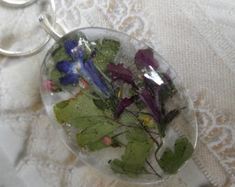 Blue & Purple Lobelia, Pink Veronica, Sweet Yellow Clover Oval Glass Pressed Flower Pendant-Symbolizes Loyalty-Gifts For 30-Nature's Art
