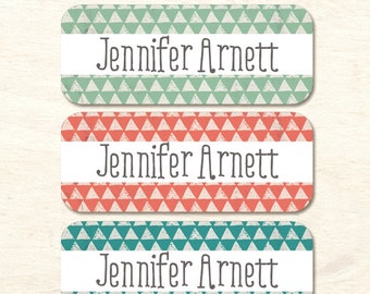 30 name labels, waterproof vinyl, distressed triangles background, personalized labels, school stickers, daycare labels, girl labels (NS-10)