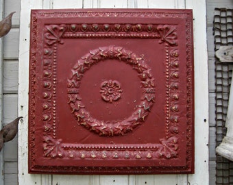 Antique Ceiling Tin Tile, FRAMED & Ready to Hang. Large red metal wall art. French country decor. Vintage Oklahoma architectural salvage.