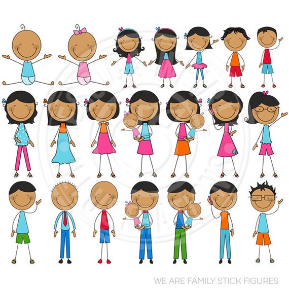 Dark Skin We Are Family Stick Figures Cute Digital Clip Art - Commercial Use OK - Stick Figure Family Graphics Il_570xn