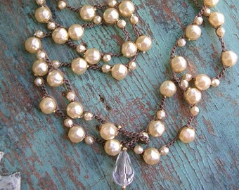 Pearl crochet wrap necklace - Gigi - layering strand necklace Boho country barn wedding, bridesmaids gift, cream glass pearls, bohemian