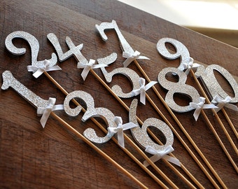 Table Numbers on Sticks in Glitter Silver. Silver Wedding Decor. Handcrafted in 2-3 Business Days. Glitter Silver Number Centerpiece.
