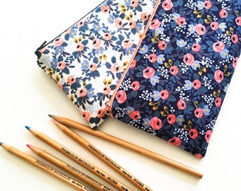Rifle Paper Co Fabric Pencil Case, Womens Gift, Blue Floral Zipper Pouch, Stocking Stuffer College, Teens, Kids, Project Organizer Hobby Bag
