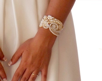 Bridal cuff beaded bracelet for bride pearl bracelet bead embroidered Jewelry pearl bridal bracelet pearl wedding jewelry statement bracelet