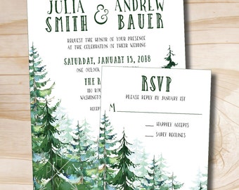 Watercolor Pine Tree Wedding Invitation and Response Invitation Suite