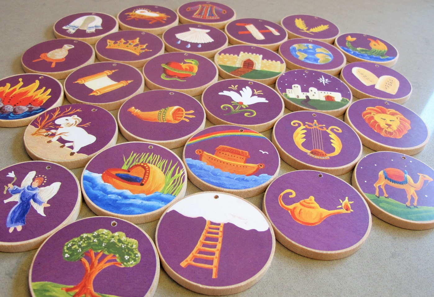 Jesse Tree Ornaments Rustic Wooden Advent Purple READY