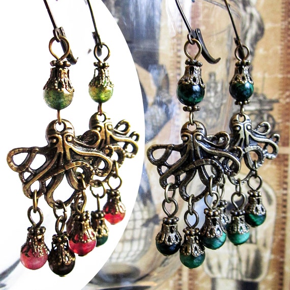 Octopus Earrings, Steampunk Earrings, Octopus Steampunk Jewelry, Gemstone Tiger's Eye or colorful Quartz, Dangling Earrings by Lumissa steampunk buy now online Octopus Earrings, Steampunk Earrings, Octopus Steampunk Jewelry, Gemstone Tiger's Eye or colorful Quartz, Dangling Earrings by Lumissa steampunk buy now online