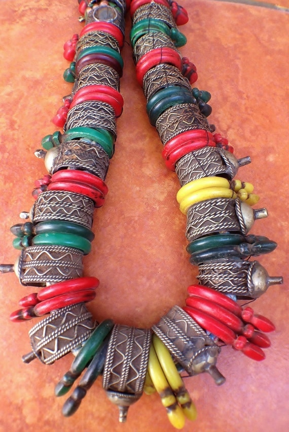 Old Berber Colorful Harratine Necklace with Old Rings, South Morocco