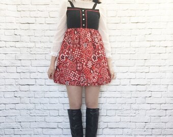Vintage 70s Faux Jumper Mini Dress Bandana Print Red Black White Polka Dot Ruffled Velvet XXS XS