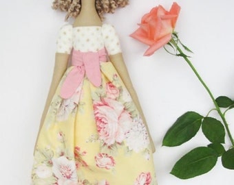 Tilda doll soft fabric doll pink pastel rose blonde stuffed doll, cloth doll handmade rag doll - baby shower gift for girls