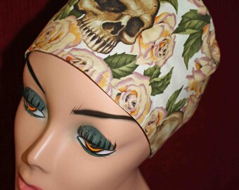 Cream Rose and Skulls Surgical Cap(biker/chemo/surgical)