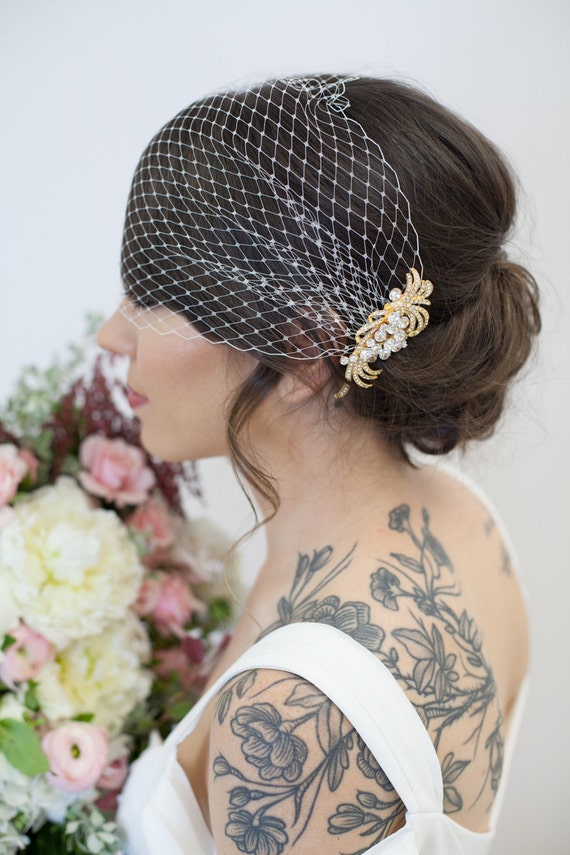 Birdcage Veil and Gold Bridal Comb Bandeau by GildedShadows