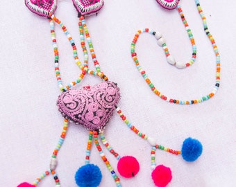 Hmong Heart Pompom Necklace/ Ethnic / Hippie/Boho / Tribal/Whole Sale