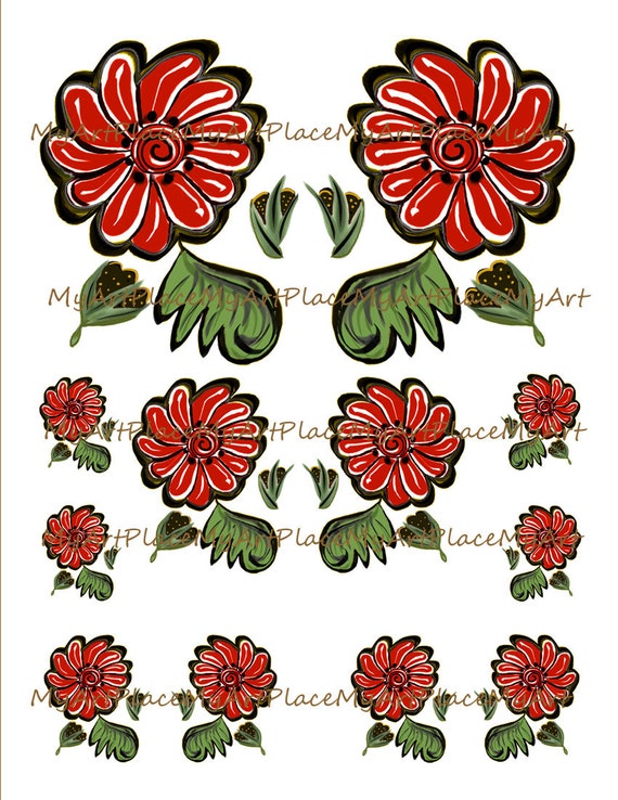 Items similar to Folk Art Flowers, Mexican Flowers, Digital Flowers