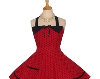 Red and Black Polka Dot Retro Apron - Womens Aprons, Feminine Flirty Bodice, Pinup 40s Apron, Lolita Apron