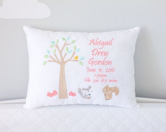 Personalized Baby Pillow, Woodland Theme Embroidered Decorative Pillow, Heirloom Baby Gift