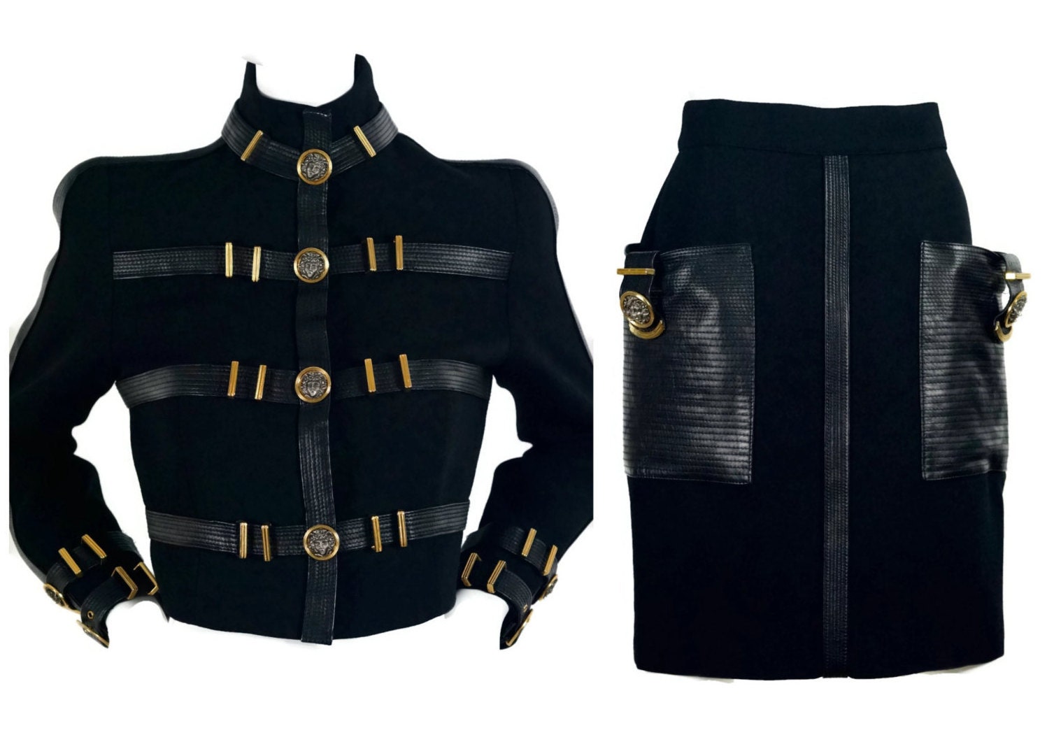 Leather Jacket Women Vintage 1992 Gianni Versace Couture Iconic Leather Jacket Skirt Suit