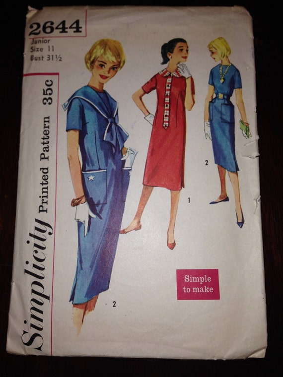 Vintage 50s Simplicity 2644 Sewing Pattern Junior Misses and Teen Age Dress with Detachable Collar Size 11