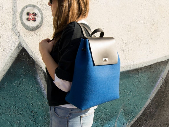 30% OFF - Felt and leather women's BACKPACK / blue backpack / felt backpack / satchel backpack / wool felt / womens backpack