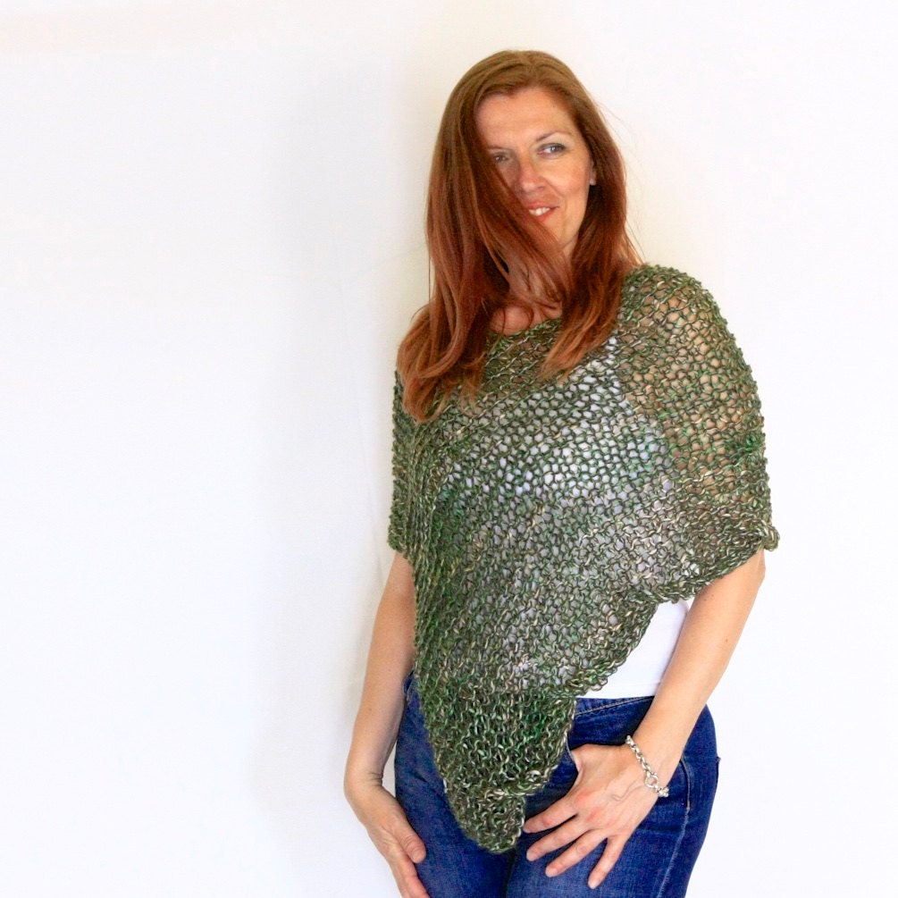 Green poncho loose knit poncho scallop poncho wrap sweater