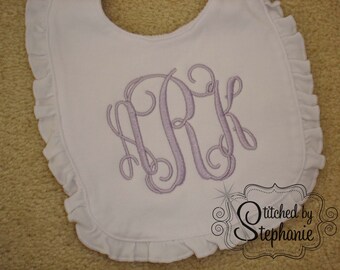Custom embroidered personalized monogrammed 3 initial monogram light purple name ruffle baby bib