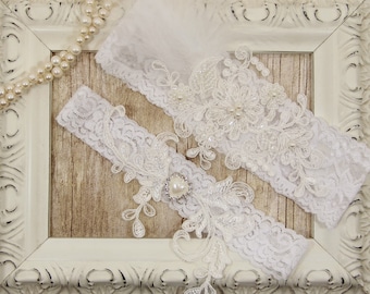 Off White Pearl Beaded Lace Wedding Garter Set , Off White Lace Garter Set, Toss Garter , Keepsake Garter, Bridesmaid Gift, Prom, Wedding