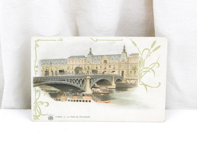 Antique Unused Colored Black and White French Postcard The Pont du Carrousel Bridge over the River Seine Paris / French Decor Retro Vintage