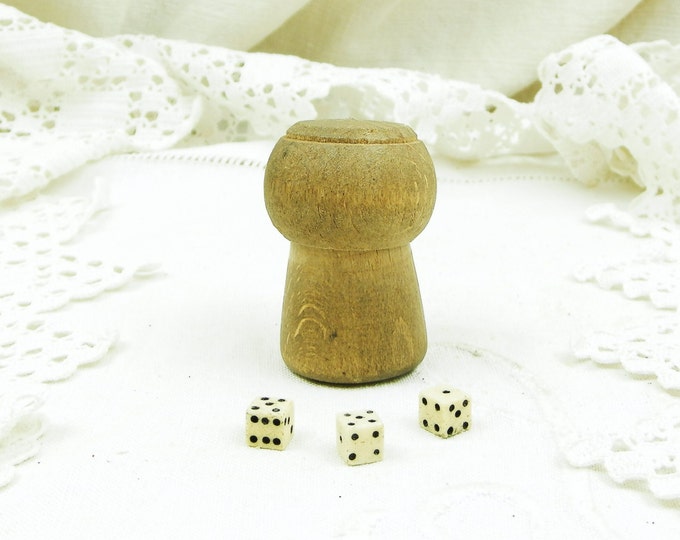 Antique French Publicity Gift Champagne Franc-Valsoy Wooden Cork Dice Shaker with 3 Bone Dice / Retro Vintage Home Interior / Collectable