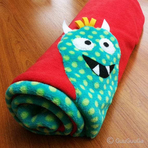 baby blanket monster red blue green polka dot
