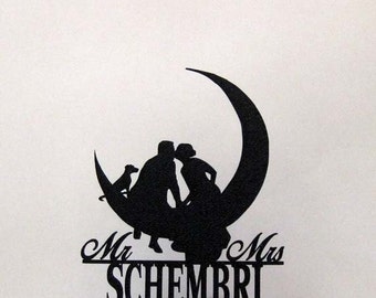 Personalized Wedding Cake Topper - Kissing on the Moon, Bride, Groom and Dog with Mr & Mrs last name