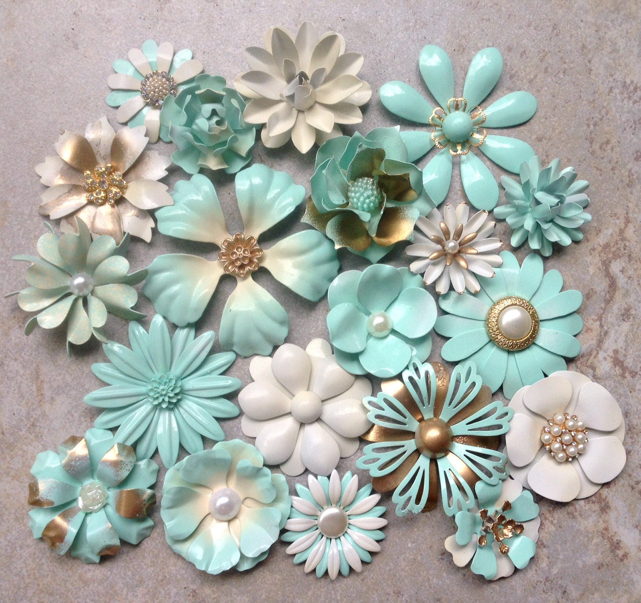 Seafoam Green Enamel Flower Brooch Lot 20 Metal Flower