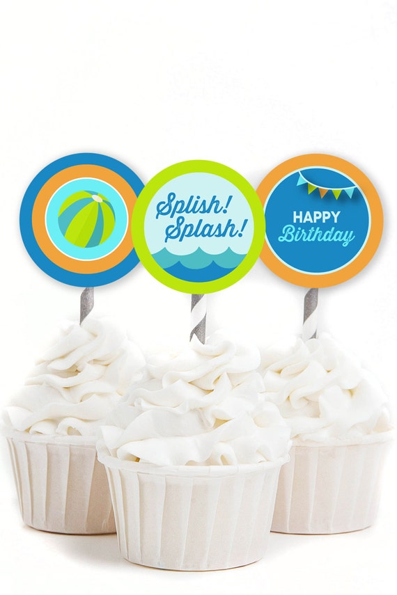 Pool Party Cupcake Toppers, Splish Splash Birthday, Beach Party Decor, Pool Party Decor, Boy Birthday Decor, INSTANT DOWNLOAD, #41 Il_570xn