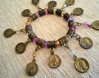 Vintagestyle Charm Bracelet Gypsy Bellydance Crystal Coin Charms