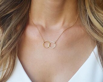 Best friend necklace, Double circle necklace, Gold necklace, Charm necklace, Gold eternity necklace, Friendship necklace, Dainty necklace