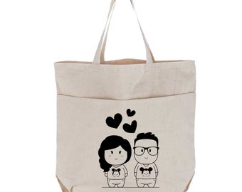 Personalized Canvas Tote Bag with Pockets, Large, Couple Cartoon Characters Portrait Wedding Gift, Bridesmaid, Custom Natural Utility Tote