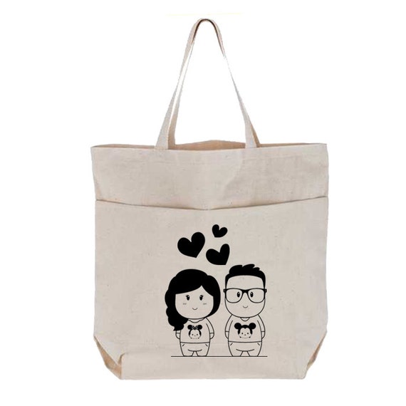 Personalized Canvas Tote Bag with Pockets Large Couple
