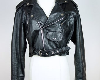 80s black leather cropped motorcycle jacket, Wilsons rocker moto biker jacket, Medium