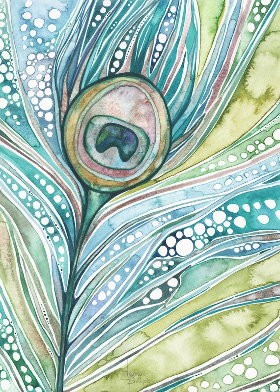 Green Peacock Feather 5 x 7 print of watercolour artwork in