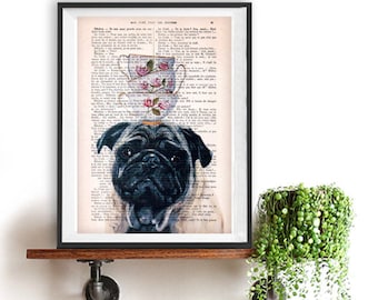 Cool Pug print, Pug art, stacking teacups, Dog Artwork, Pug Art Print, Gift for Him, Red, Office Wall Art, Wall Decor, Home Decor