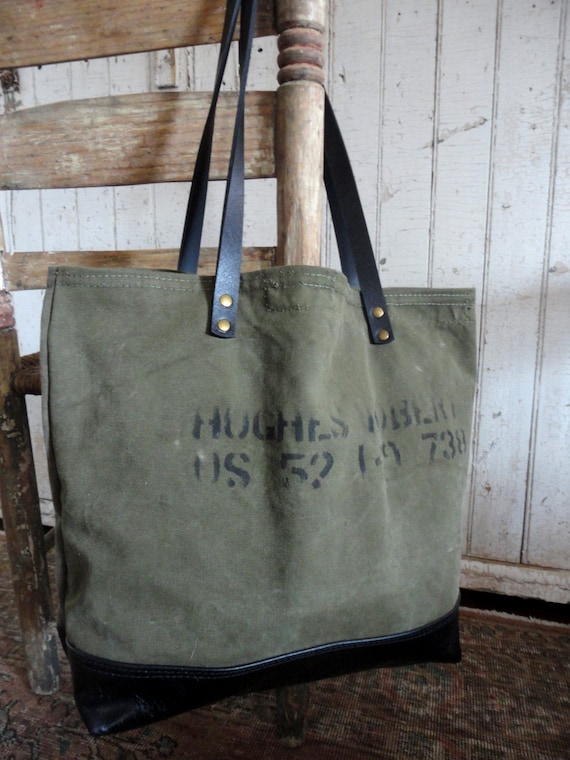 Repurposed US MILITARY BAG Tote Leather & Canvas Large Carry