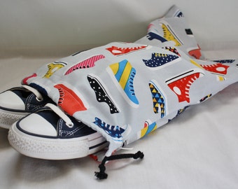 Shoe Bags 10 x 15 Inches Drawstring Travel Shoe Bags in a Colorful Sneaker Printed Cotton Fabric on a Pale Gray Background