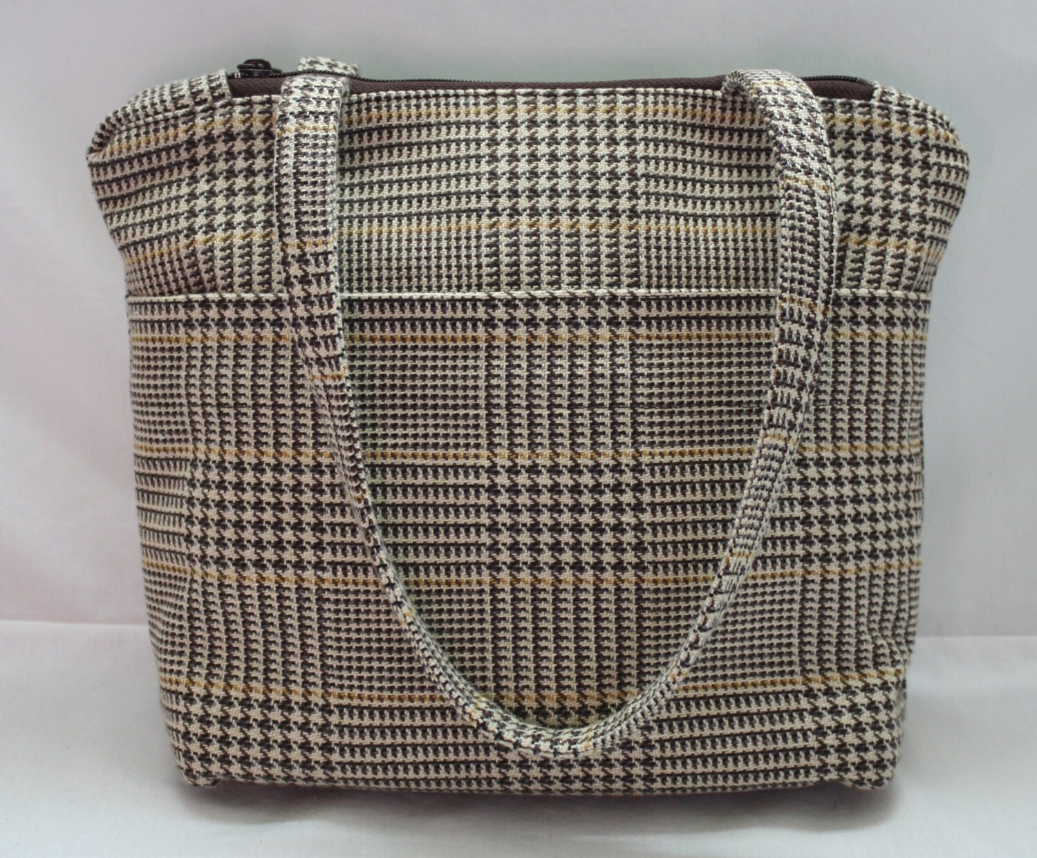 Medium Shoulder Bag in Brown and Tan Houndstooth Wool with