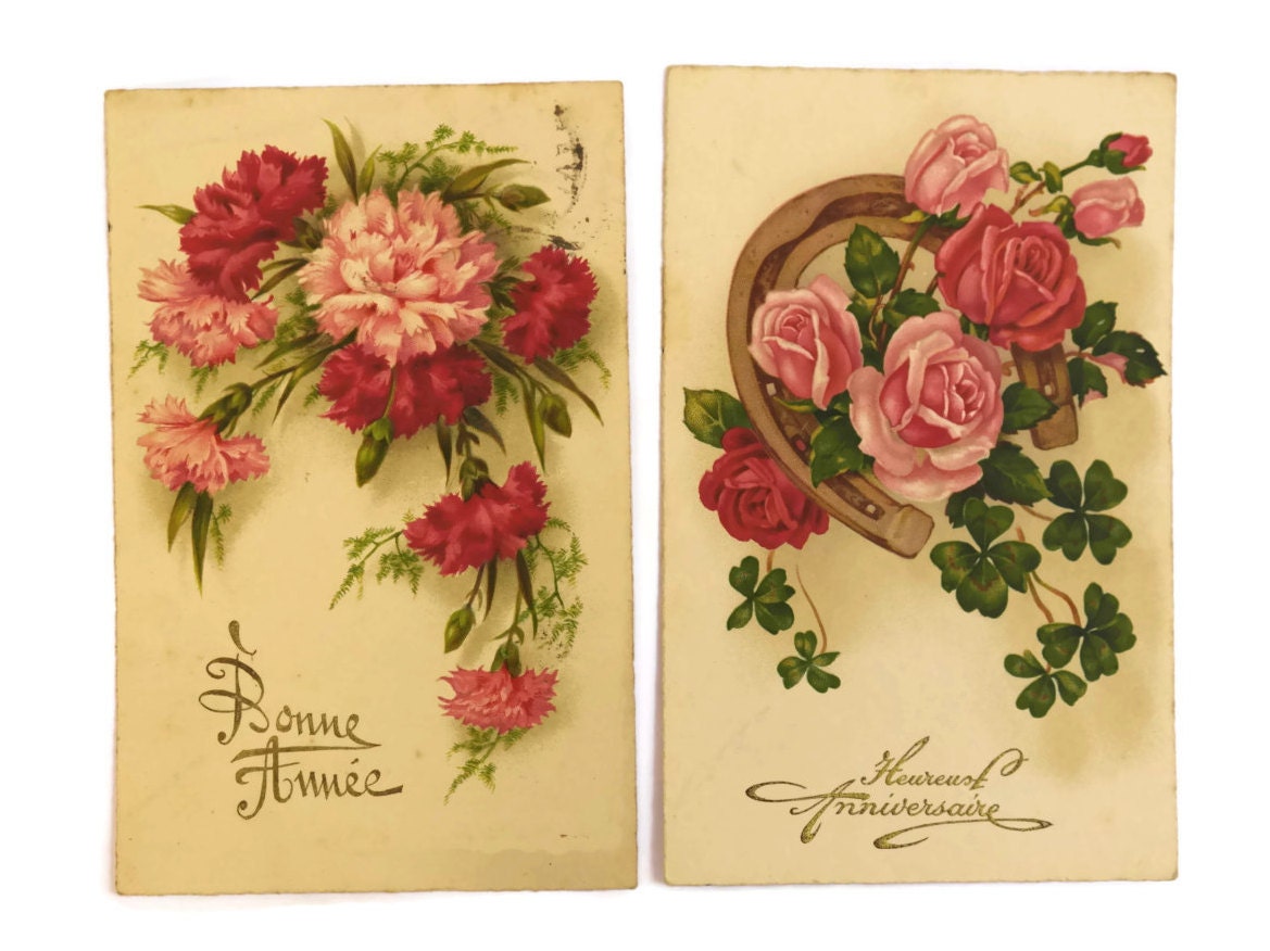 French Ephemera Scrapbooking Flower Postcards. Good Luck Cards. Vintage